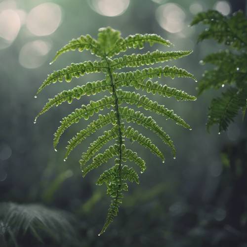 Daun pakis hijau tua yang dicium embun pagi, terletak di jantung hutan berkabut.