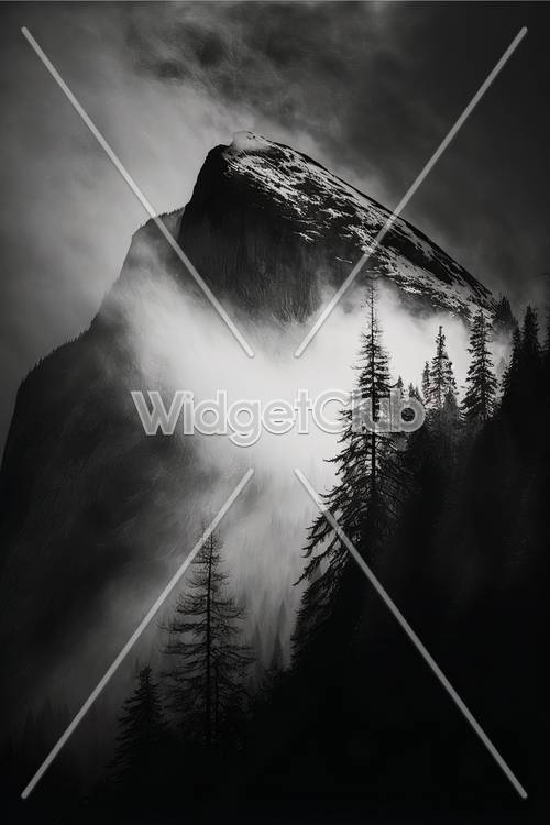 Pico de la montaña brumosa y bosque oscuro