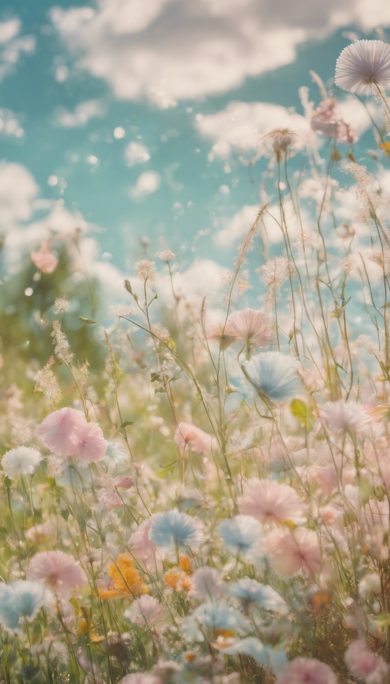 A pastel tie-dye tapestry, fluttering gently in the breeze against a spring meadow backdrop. 벽지[fa88ee502448449ab55a]