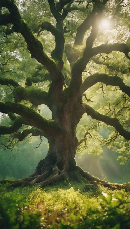 Старый дуб, стоящий высоко в пышном изумрудном лесу, залитый ранним утренним солнечным светом.
