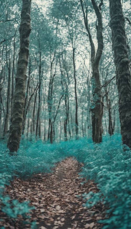 Eine Weitwinkelaufnahme einer Waldlandschaft mit Blättern in blaugrüner Camouflage-Optik.