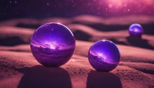Une planète violette éclairée par des soleils jumeaux, créant des ombres surnaturelles.