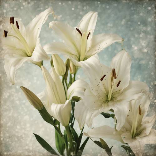 Obraz białych lilii o antycznej fakturze i wyblakłych kolorach.