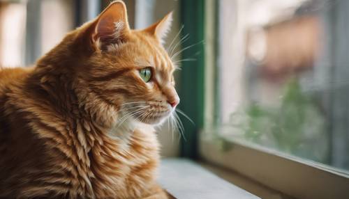 Un chat orange aux yeux verts assis sur un rebord de fenêtre.