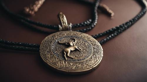 A close-up of a Taurus medallion with intricate patterns, hanging from a dark-leather necklace.