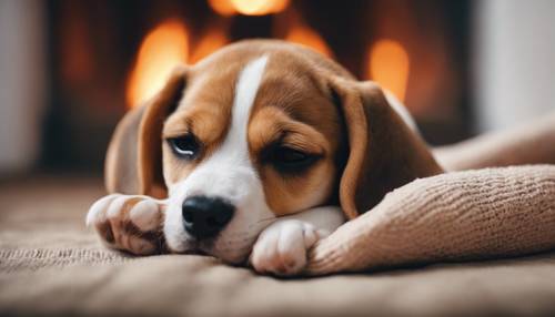 一只昏昏欲睡的小猎犬小狗蜷缩在温暖的壁炉旁的柔软毯子里。