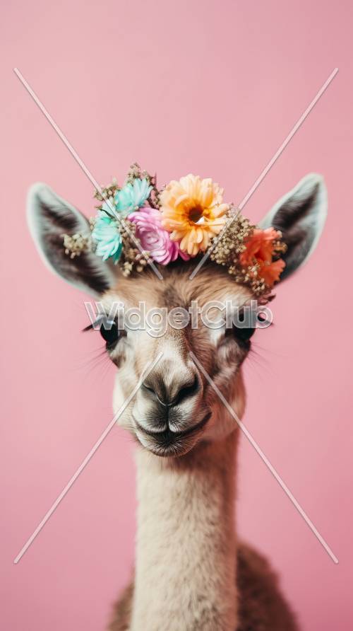 Floral Crown Llama on Pink Background