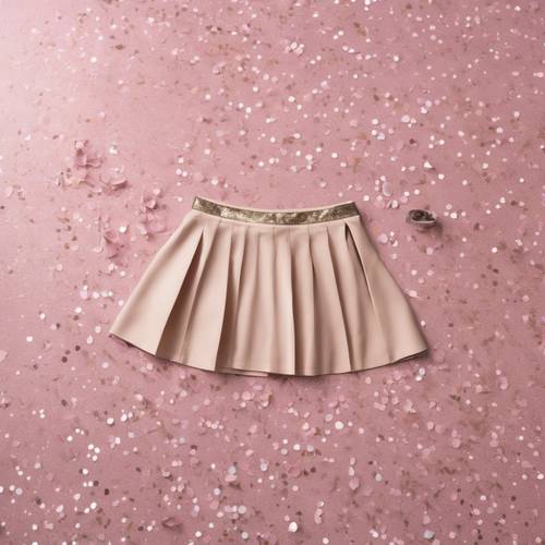 米色迷你裙採用 Y2K 設計，放置在淡粉紅色地板上，周圍散佈著亮片。