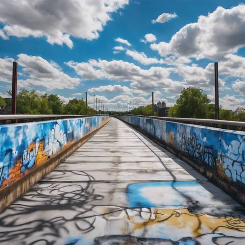 Ein Trompe-l’œil-Graffiti, das einen weiten blauen Himmel mit flauschigen Wolken zeigt, gemalt auf eine städtische Brücke. Hintergrund [9569d0933aff4611a0da]