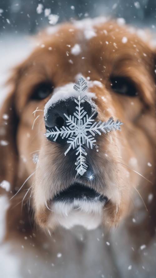 A close-up shot of a snowflake on a dog's nose.
