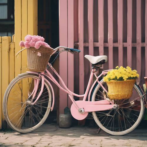 A pink vintage bicycle with a yellow flower basket parked by a yellow fence.