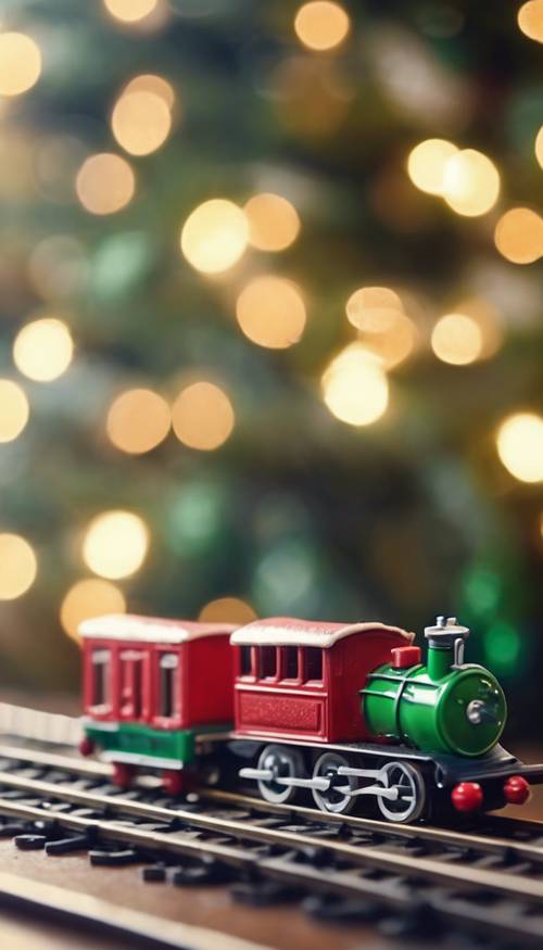 Um trem de brinquedo verde carregando presentes de Natal em miniatura ao redor da base de uma árvore festiva.