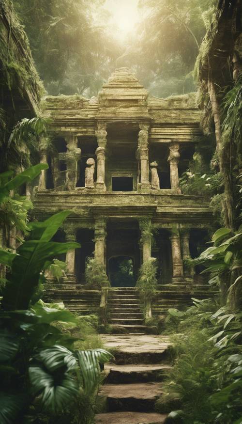 Una ciudad antigua y perdida en la jungla, invadida por una vegetación verde y estructuras doradas descoloridas.