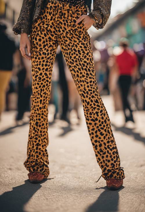A festival fashionista wearing vibrant cheetah print pants. Tapet [0dc6cfacc46c4a2aa4a4]