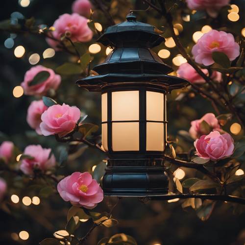 A picturesque nighttime scene of an old lantern illuminating a camellia tree.