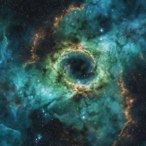 ערפילית ערפילית כחולה וירוקה מסתחררת בתוך גלקסיה מוארת כוכבים.