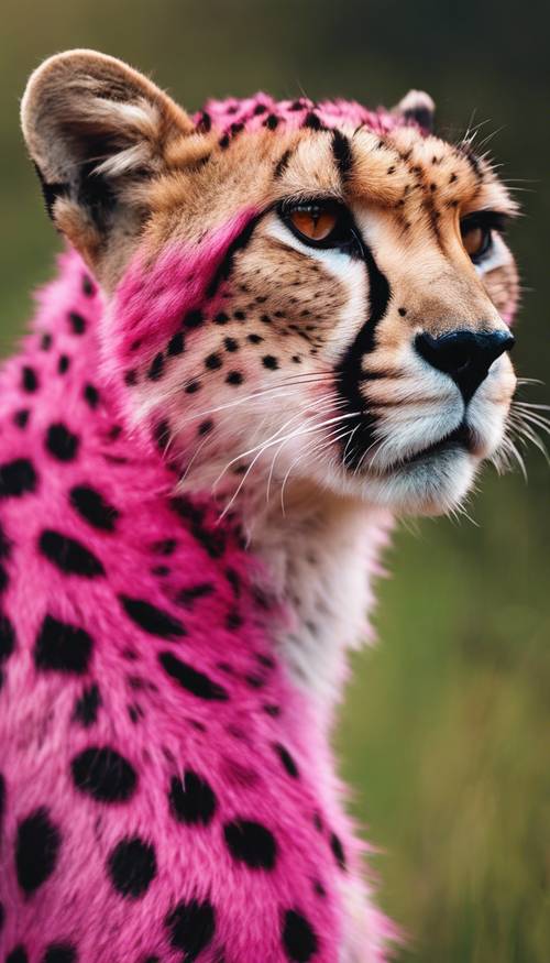 Un primer plano del llamativo rostro de un guepardo rosa intenso, concentrado y alerta, con el telón de fondo de una exuberante sabana verde.