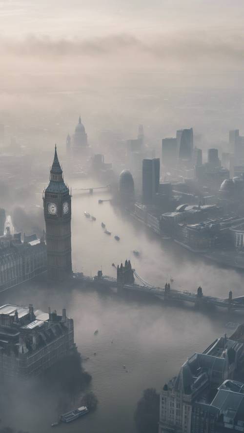 An aerial view of the London skyline submerged in a thick morning fog.