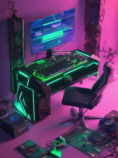 Ein minimalistisches Gaming-Setup mit grüner Konsole, blauem Joystick und modernem Gaming-PC.