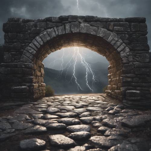 An ancient stone bridge illuminated by a bolt of white lightning. Wallpaper [a1de8a32b74140739d94]