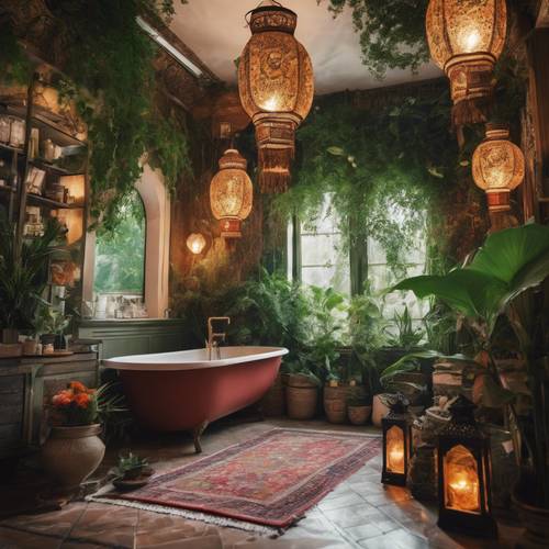 A Bohemian style bathroom decorated with green foliage, Persian rugs, and ornate Turkish lanterns.
