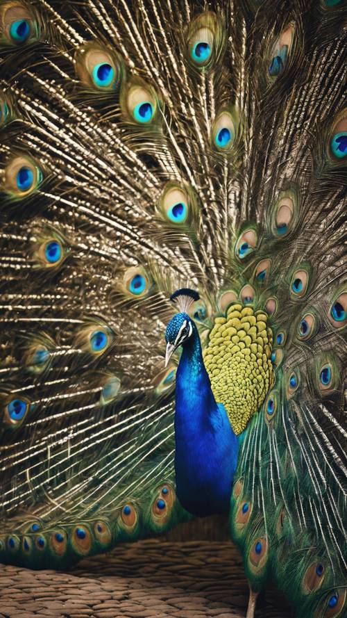 A royal blue peacock with its magnificent plumage unfolded.