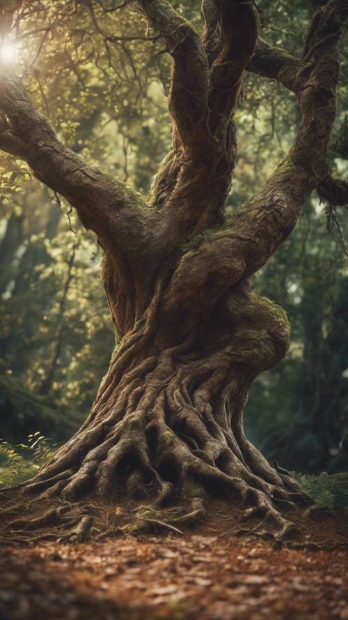 עץ מיסטי גדול עם ענפים מתפשטים, משמש מחסה ליצורים קסומים קטנים ביער קסום.