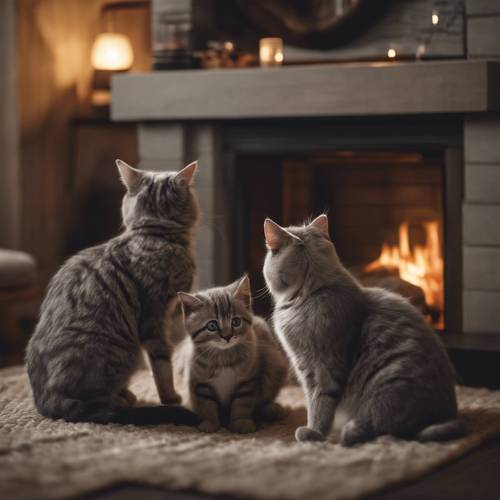 A family of grey striped cats gathered around a fireplace on a chilly night.