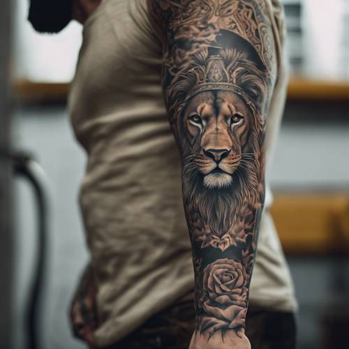 Um braço elaboradamente tatuado com uma tatuagem de cabeça de leão incrivelmente realista no bíceps.