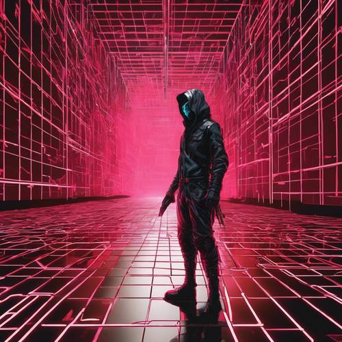 Uma figura furtiva vestida de preto se escondendo na grade vermelha brilhante de uma extensa paisagem cibernética.