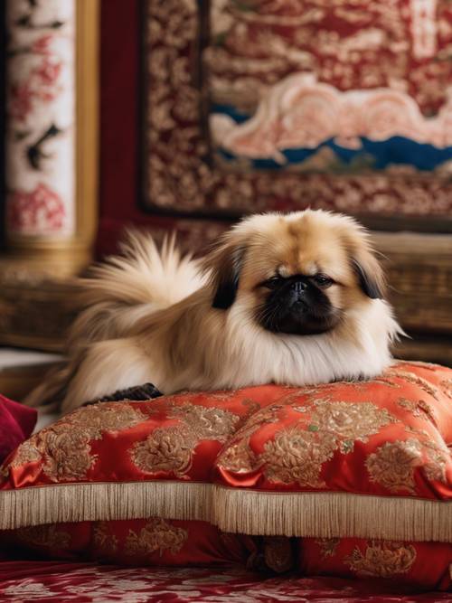 A Pekingese asleep on finely embroidered silk cushions in an imperial Chinese palace room.
