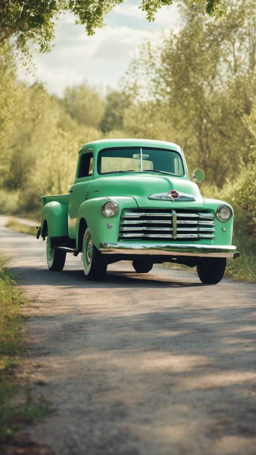 신선한 민트 그린 색상으로 칠해진 클래식 50년대 픽업트럭이 조용한 시골길에 주차되어 있습니다.
