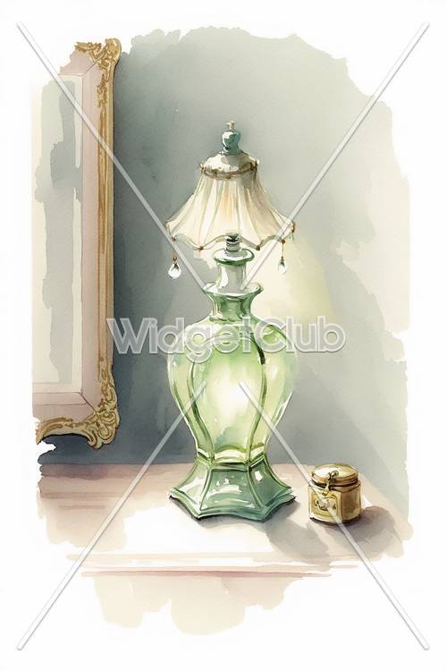 Elegante lâmpada verde com jarra na sala artística