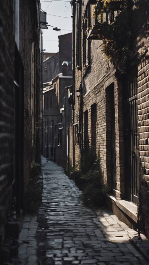 A mysterious dark alleyway with black brick buildings, in a quiet, sleeping town.