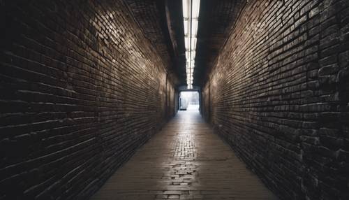 A dark gray brick tunnel lit by the glow of an incoming train. Tapet [493eb6c360f3405694bb]