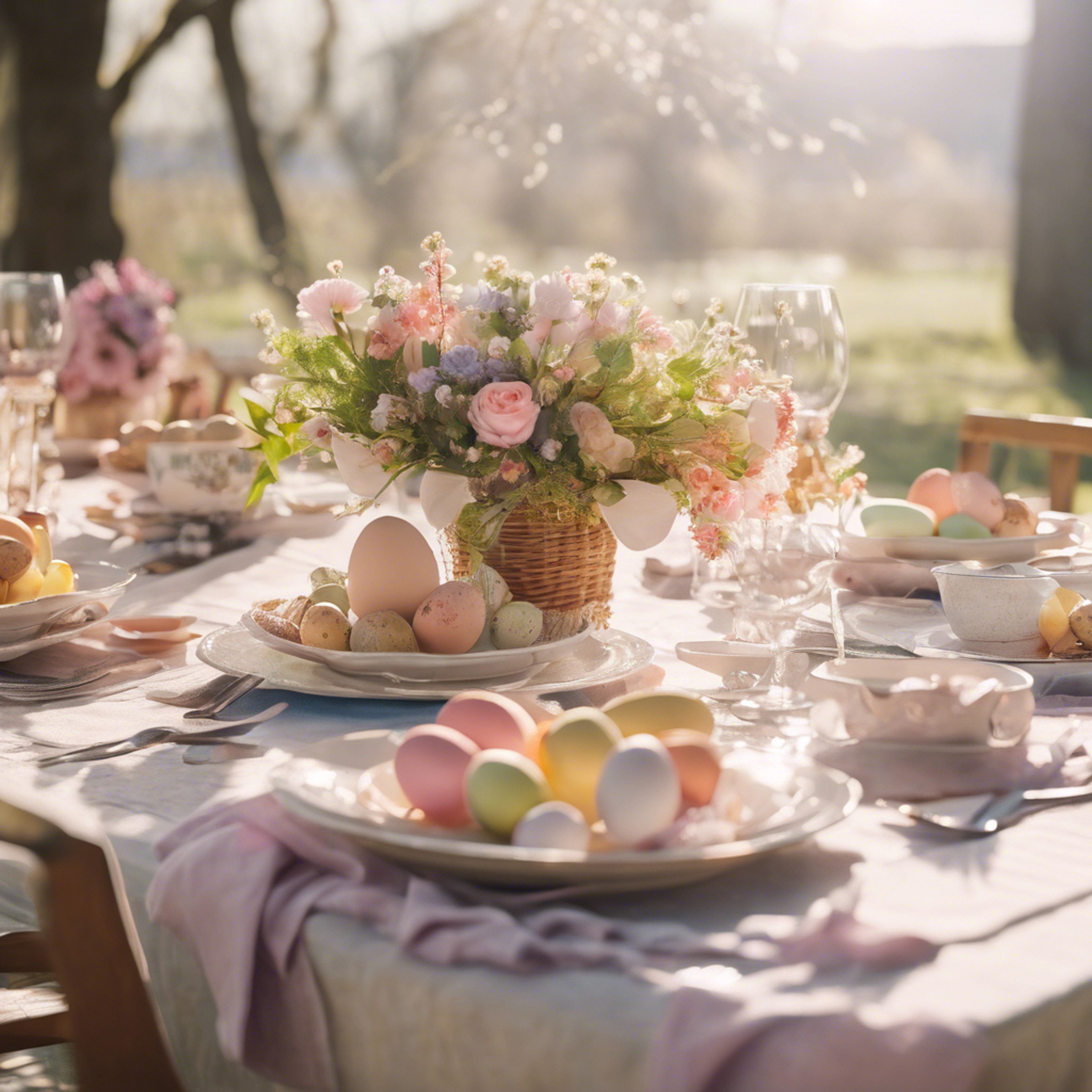 Easter lunch table, set in pastels, with a floral centerpiece under a warm spring sunlight.壁紙[3b37a4e806834220b5ea]