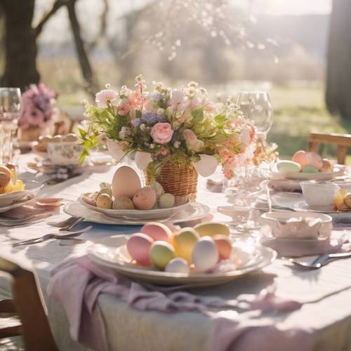 Wielkanocny stół obiadowy, utrzymany w pastelowych kolorach, z kwiatowym elementem centralnym w ciepłym wiosennym słońcu.