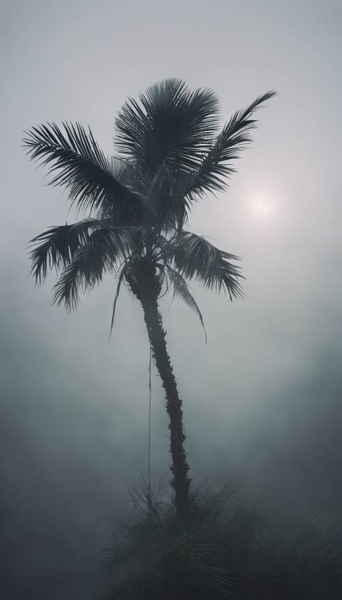 Eine einsame schwarze Palme an einem nebligen Morgen, auf deren Wedeln Tautropfen glitzern.
