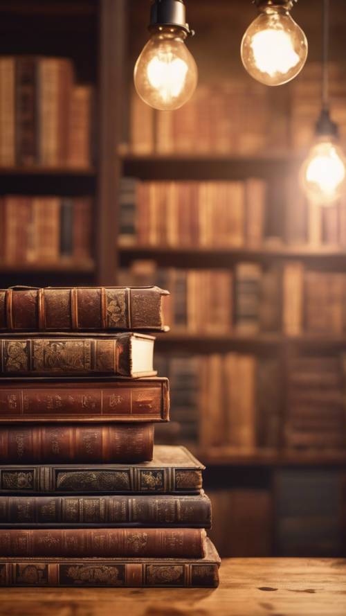 A collection of antique books stacked on a wooden table under soft lighting