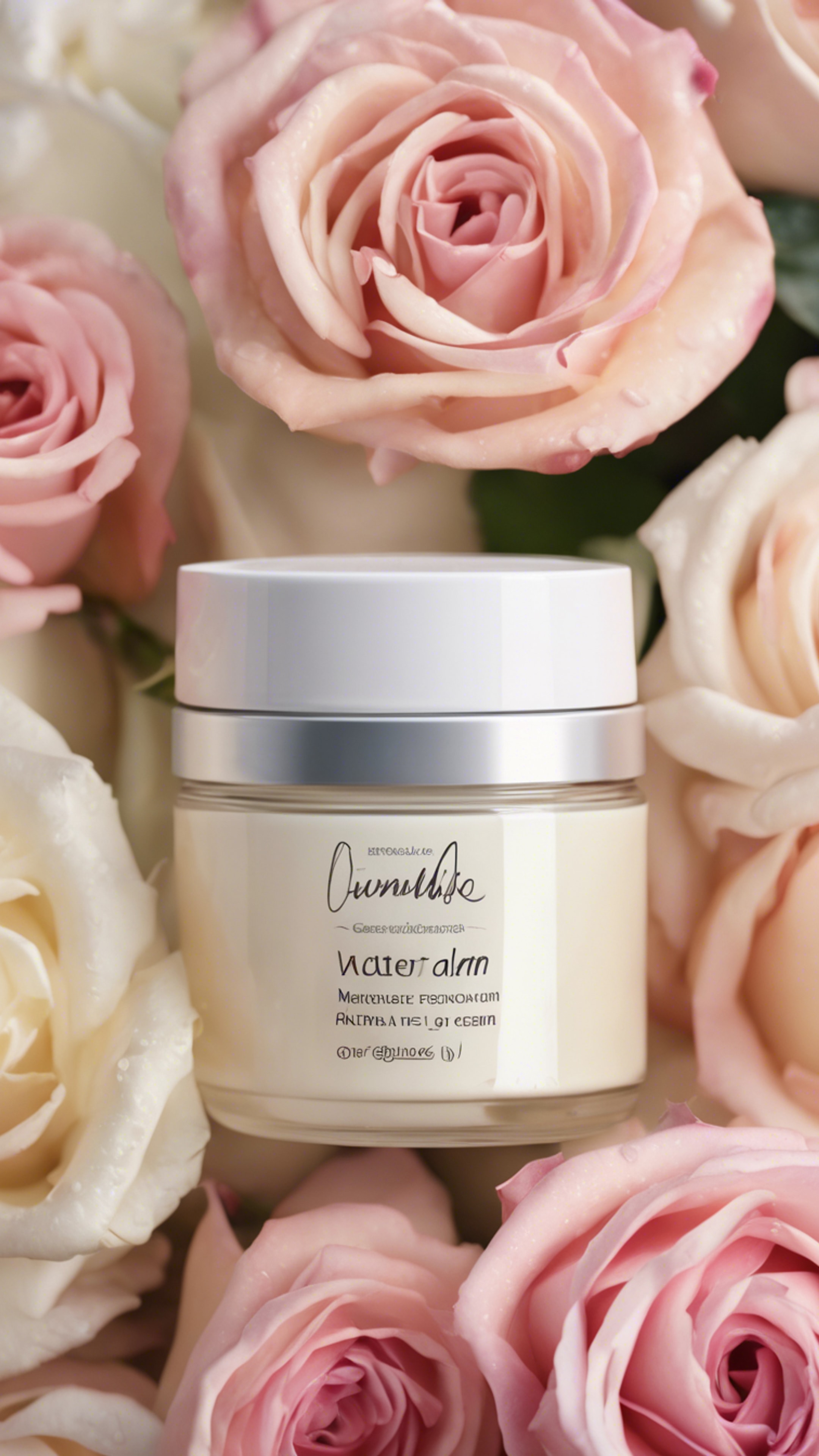 A jar of natural, luxurious, moisture-rich face cream placed amidst fresh roses. Kertas dinding[b9b99bd6ea5043dab5cc]