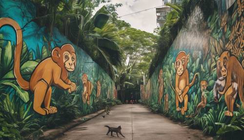 Arte de rua tropical representando uma cena pacífica de selva com gatos selvagens escondidos e macacos brincalhões.