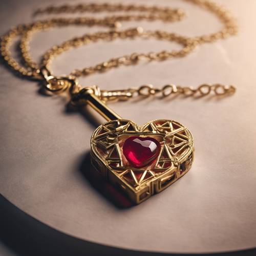 Ein geheimnisvoller geometrischer Schlüssel aus Gold mit einer zarten Kette und einem rubinfarbenen Herzanhänger.