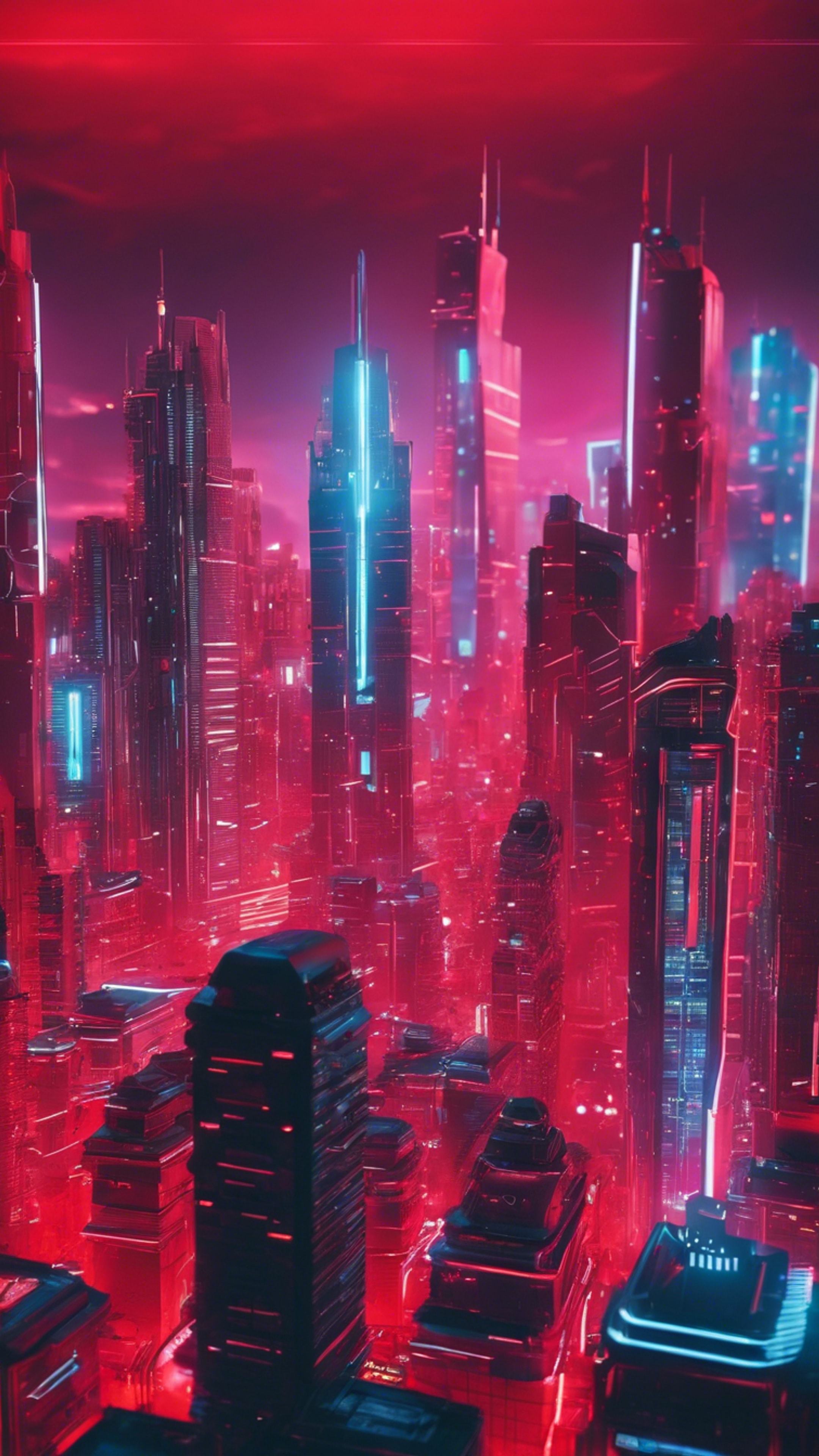 A futuristic cityscape illuminated by neons in cool, vibrant red. Wallpaper[c9bd5dc48fd64fe3b35f]