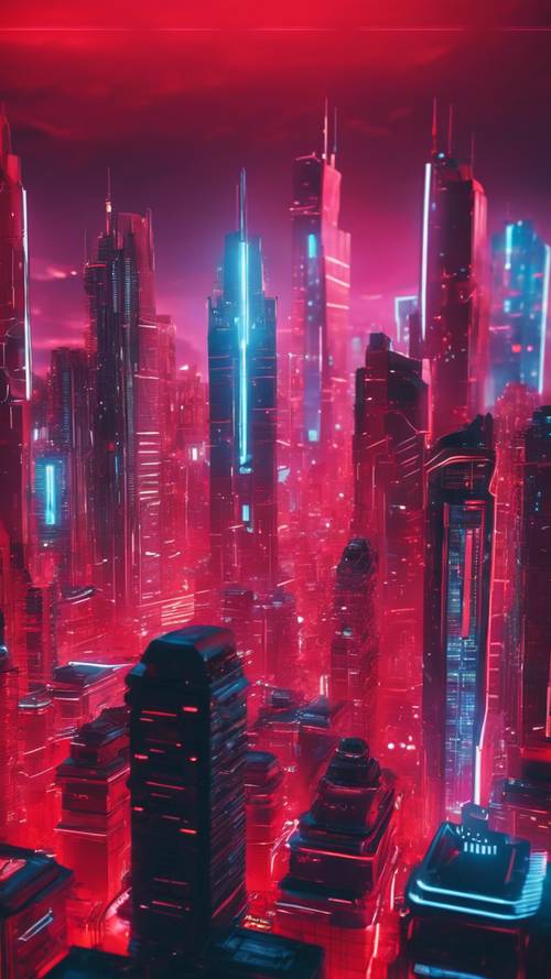 Pemandangan kota futuristik yang diterangi oleh neon berwarna merah cerah dan sejuk.