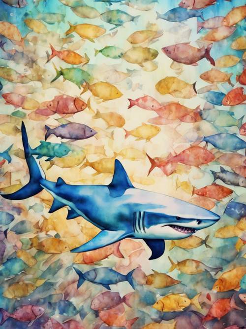 Bức tranh màu nước mộng mơ vẽ một chú cá mập duyên dáng bơi lội dưới đàn cá đầy màu sắc.