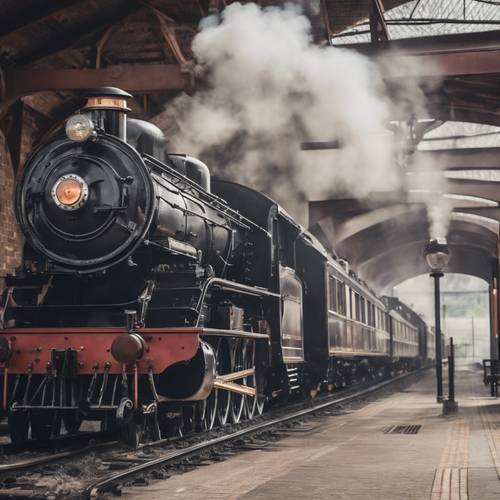 רכבת מנוע קיטור עתיקה עוצרת אל התחנה, עשן אפור זולג מהמשפך שלה.
