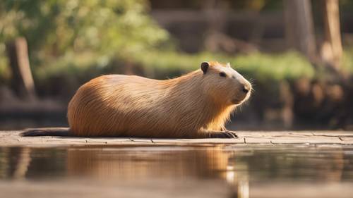 An endearing image of a capybara basking under the sun with folded legs.
