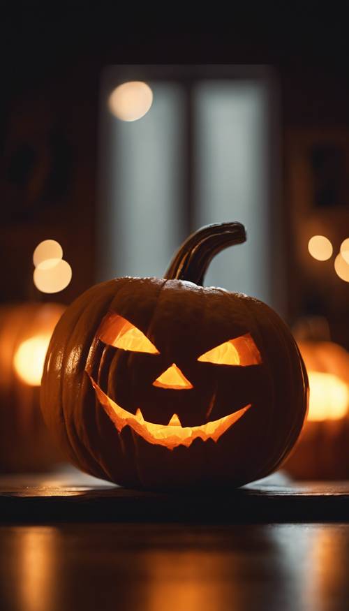 A grinning jack-o'-lantern glowing ominously in a dark, silent room.