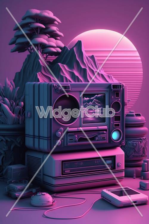 Retro Pink Sunset Scene with Old TV and Mountains