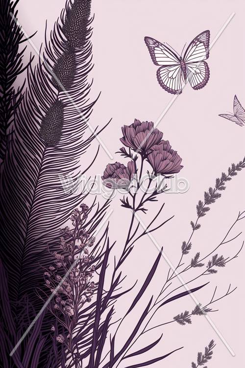 蝶と花の自然デザインの壁紙